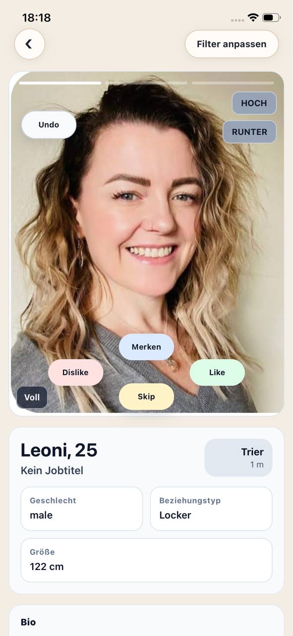 Avenor swipe interface showing profile decisions