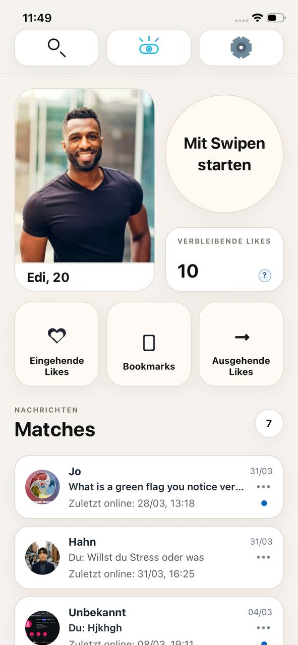 Avenor home screen showing matches and actions